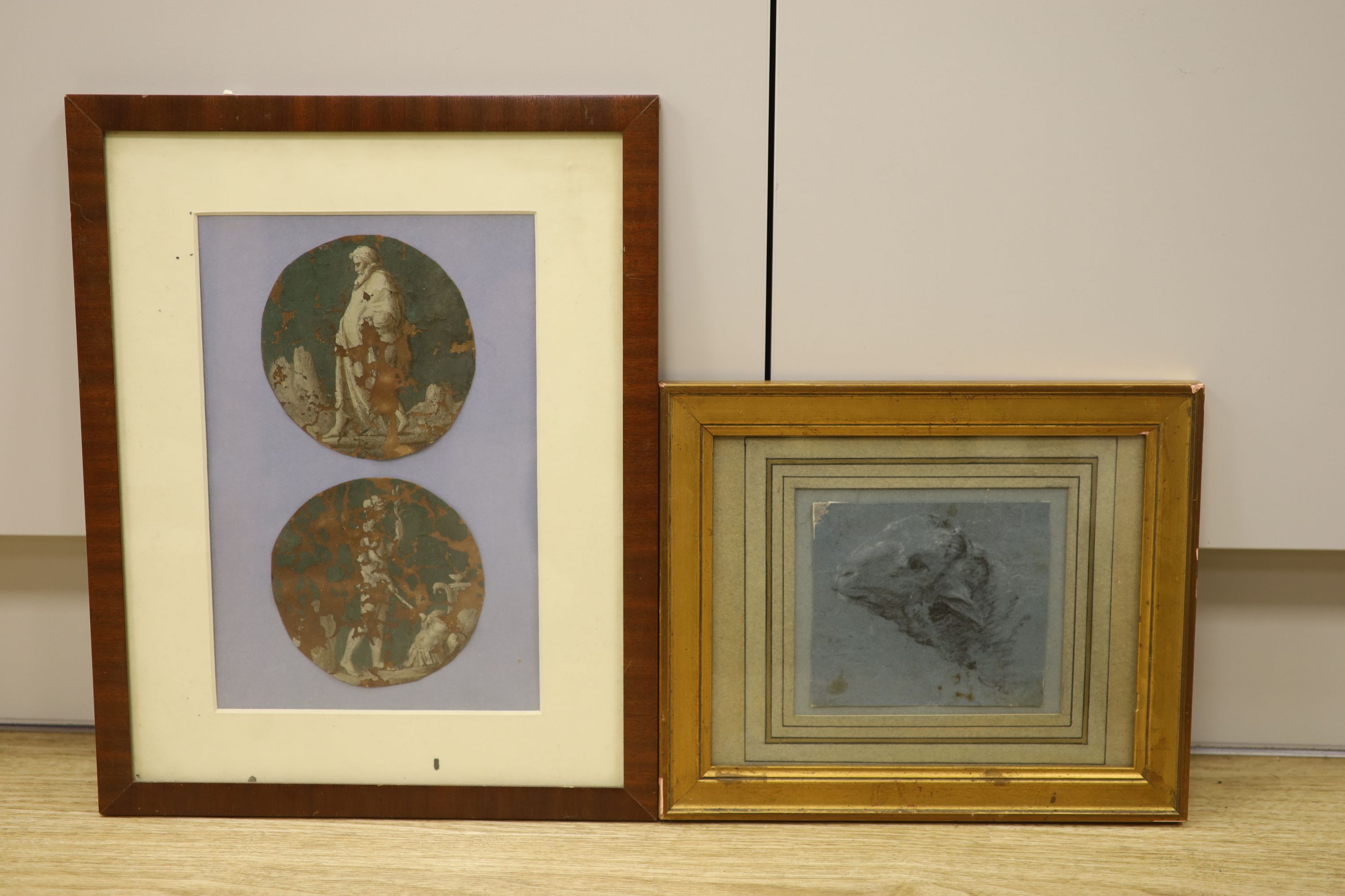 Old Master, pair of oils on card, roundels of classical figures, 13cm and a charcoal and chalk sketch of a sheep's head, 12 x 14cm